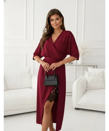 Kadın Uzun Kollu Kruvaze Yakalı Yandan Dantelli Midi Ithal Krep Elbise