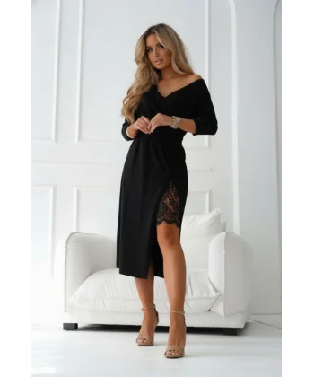 Kadın Uzun Kollu Kruvaze Yakalı Yandan Dantelli Midi Ithal Krep Elbise