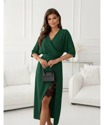 Kadın Uzun Kollu Kruvaze Yakalı Yandan Dantelli Midi Ithal Krep Elbise