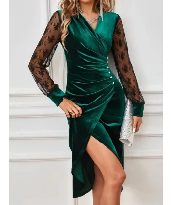 Kadın Uzun Kollu Kruvaze Yakalı Yandan Düğmeli önden çapraz Kesin Detaylı Midi Kadife Elbise