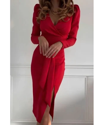 Kadın Uzun Kollu Kruvaze Yakalı Yandan Yırtmaçlı Belden Kuşaklı Midi Ithal Krep Elbise