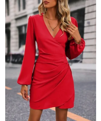 Kadın Uzun Kollu Kruvaze Yakalı Yanlardan Büzgü Detaylı Ithal Krep Kısa Elbise