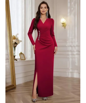 Kadın Uzun Kollu Kruvaze Yakalı Yanları Taşlı Yırtmaçlı Uzun Ithal Krep Elbise