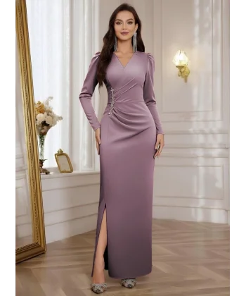 Kadın Uzun Kollu Kruvaze Yakalı Yanları Taşlı Yırtmaçlı Uzun Ithal Krep Elbise