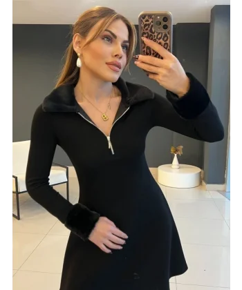 Kadın Uzun Kollu Kürk Yakalı Fermuarlı Kısa Viskon Iki Iplik Elbise