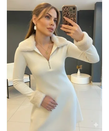 Kadın Uzun Kollu Kürk Yakalı Fermuarlı Mini Viskon Iki Iplik Elbise