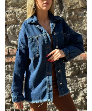 Kadın Uzun Kollu Kuş Gözü Cep Detay Uzun Salaş Kot Ceket