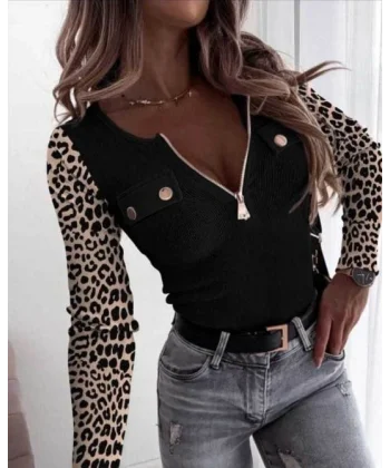 Kadın Uzun Kollu Leopar Desenli Fermuarlı önden Cep Ve Düğme Detaylı Kaşkorse Bluz