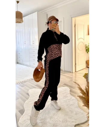 Kadın Uzun Kollu Leopar Detay weat Ve Yanı Leopar şerit Detay Pantolon Ikili Takım