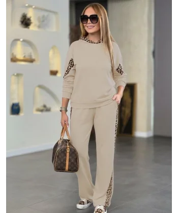 Kadın Uzun Kollu Leopar Detaylı Viskon Iki Iplik Eşofman Takımı