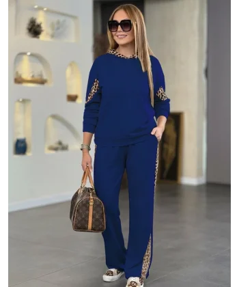 Kadın Uzun Kollu Leopar Detaylı Viskon Iki Iplik Eşofman Takımı