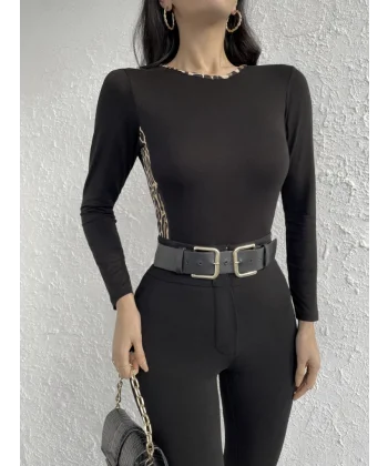 Kadın Uzun Kollu Leopar şeritli Viskon Bluz