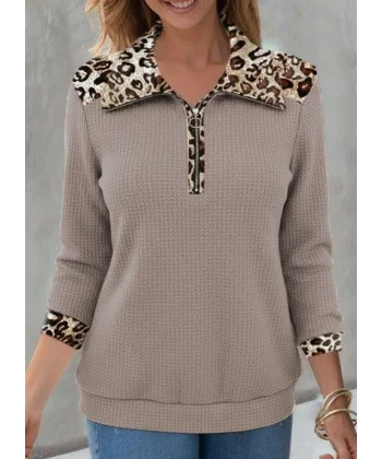 Kadın Uzun Kollu Leopar Yakalı Fermuarlı Waffle Bluz
