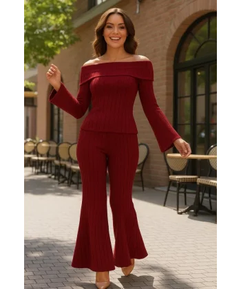 Kadın Uzun Kollu Madonna Döküm Yaka Bluz Ve Pantolon Ikili Takim