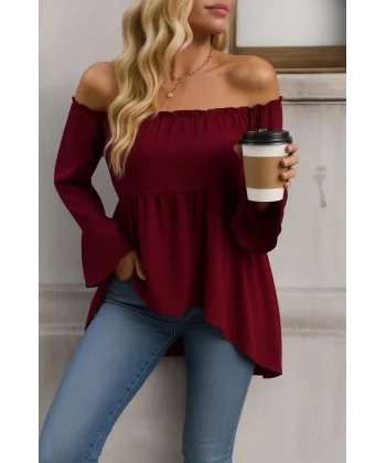 Kadın Uzun Kollu Madonna Yaka Asimetrik Detaylı Kolları Ispanyol Viskon Bluz