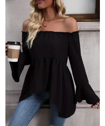 Kadın Uzun Kollu Madonna Yaka Asimetrik Detaylı Kolları Ispanyol Viskon Bluz