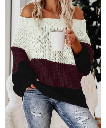 Kadın Uzun Kollu Madonna Yaka çizgi Desenli Salaş Triko