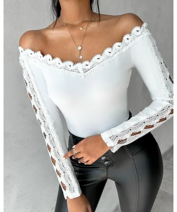 Kadın Uzun Kollu Madonna Yaka Dantel Detaylı Ithal Krep Bluz