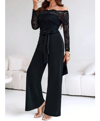 Kadın Uzun Kollu Madonna Yaka Dantelli Yandan Bağlamalı Ithal Krep Tulum