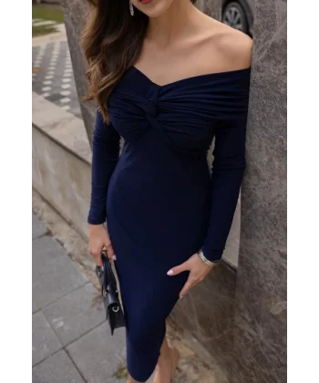 Kadın Uzun Kollu Madonna Yaka Düğüm Büzgü Detay Maxi Boy Elblbise