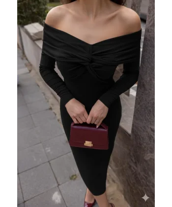 Kadın Uzun Kollu Madonna Yaka Düğüm Büzgü Detay Maxi Boy Elblbise