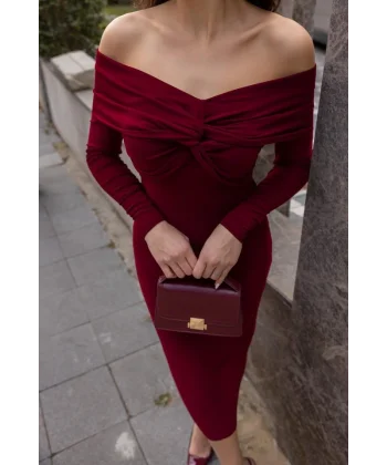 Kadın Uzun Kollu Madonna Yaka Düğüm Büzgü Detay Maxi Boy Elblbise