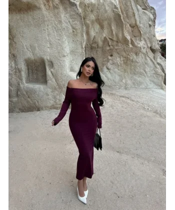 Kadın Uzun Kollu Madonna Yaka Midi Boy Elbise