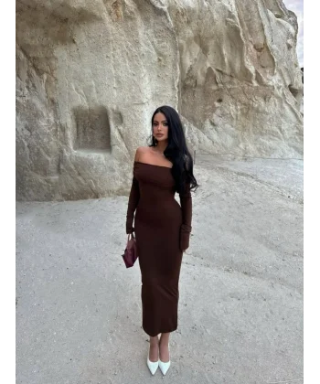 Kadın Uzun Kollu Madonna Yaka Midi Boy Elbise