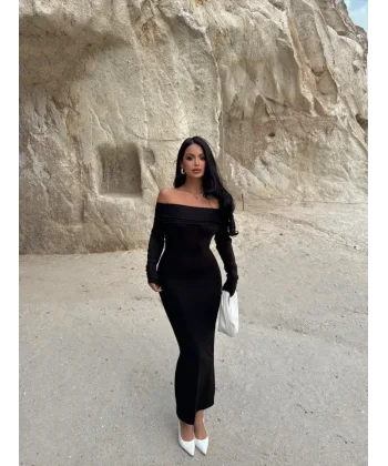 Kadın Uzun Kollu Madonna Yaka Midi Boy Elbise