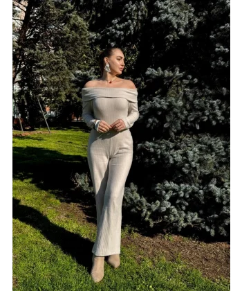 Kadın Uzun Kollu Madonna Yaka şardonlu Kaşkorse Tulum