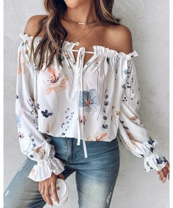 Kadın Uzun Kollu Madonna Yaka Yakadan Bağcıklı çiçek Baskılı Moss Krep Bluz