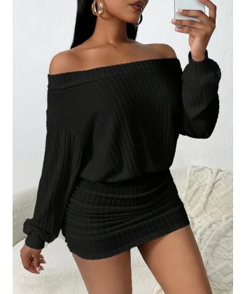 Kadın Uzun Kollu Madonna Yaka Yanlardan Büzgülü şardonlu Kaşkorse Mini Elbise