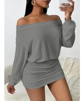 Kadın Uzun Kollu Madonna Yaka Yanlardan Büzgülü şardonlu Kaşkorse Mini Elbise