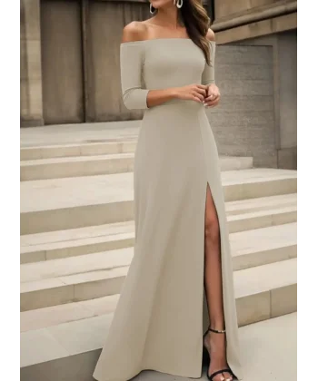 Kadın Uzun Kollu Madonna Yakalı Yırtmaç Detaylı Uzun Ithal Krep Elbise