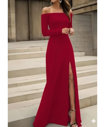 Kadın Uzun Kollu Madonna Yakalı Yırtmaç Detaylı Uzun Ithal Krep Elbise