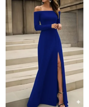 Kadın Uzun Kollu Madonna Yakalı Yırtmaç Detaylı Uzun Ithal Krep Elbise