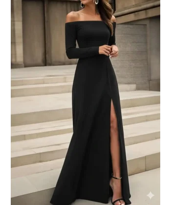 Kadın Uzun Kollu Madonna Yakalı Yırtmaç Detaylı Uzun Ithal Krep Elbise