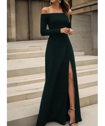 Kadın Uzun Kollu Madonna Yakalı Yırtmaç Detaylı Uzun Ithal Krep Elbise