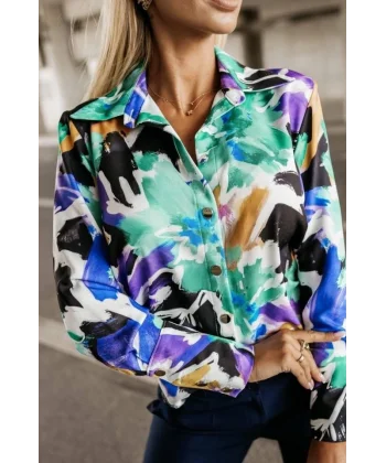 Kadın Uzun Kollu Metal Düğme Detay Renk Baskılı Mosskrep Kumaş Gömlek