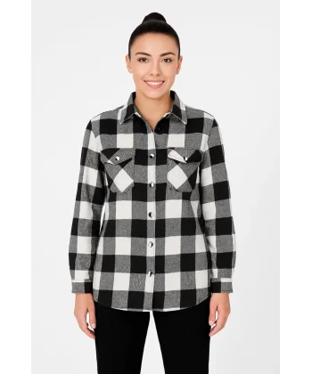 Kadın Oduncu Gömlek – Uzun Kollu, Şardonlu Kumaş, Kırmızı Beyaz Kareli Desen, Regular Fit, Çift Cepli, Manşetli Günlük Şık Stil - Siyah