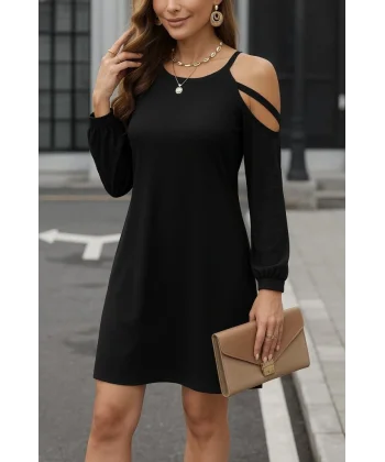 Kadın Uzun Kollu Omuz Açık Askı Detay Viskon Mini Boy Elbise