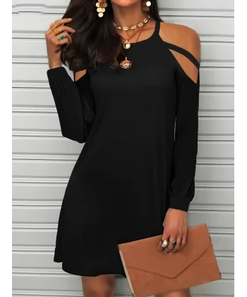 Kadın Uzun Kollu Omuz Açık Askı Detay Viskon Mini Boy Elbise