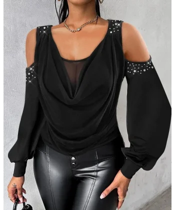 Kadın Uzun Kollu Omuz Dekolte Ve Taş Detaylı Degaje Tüllü Yaka Sandy Bluz