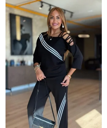 Kadın Uzun Kollu Omuz Dekolteli çapraz Ribana Detay Bluz Ve Pantolon Ikili Takım