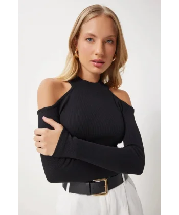 Kadın Uzun Kollu Omuz Dekolteli Kaşkorse Kumaş Bluz