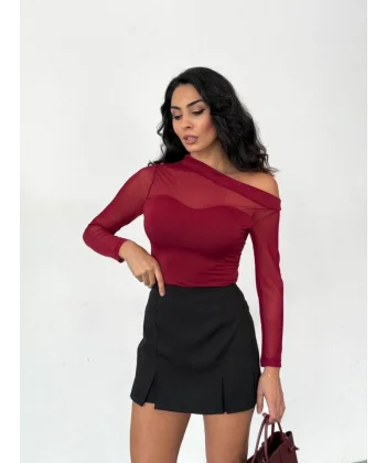 Kadın Uzun Kollu Omuz Dekoltesi Ve Transparan Tül Detay Bluz