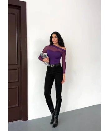 Kadın Uzun Kollu Omuz Dekoltesi Ve Transparan Tül Detay Bluz