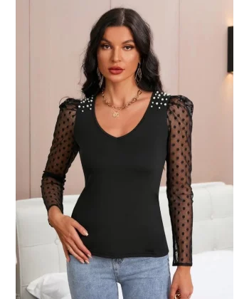 Kadın Uzun Kollu Omuz Inci Kollar Tül Detay Viskon Bluz