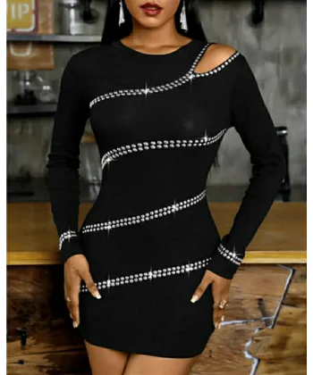 Kadın Uzun Kollu Omuz Pencere Detay Taş Işlemeli Dalgıç Mini Elbise