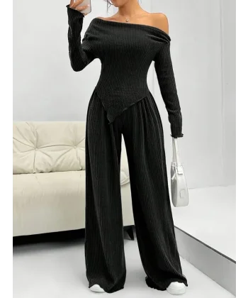 Kadın Uzun Kollu Omuzlardan Açık Asimetrik Kesim Kaşkorse Bluz Ve Pantolon Ikili Pantolon